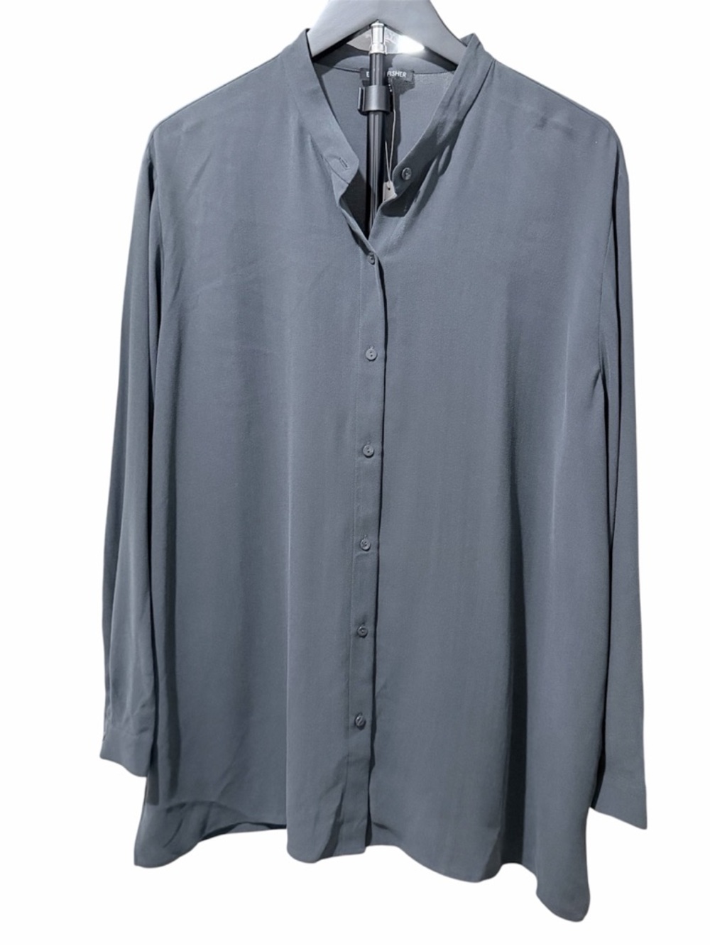 Eileen Fisher Silk Georgette Crepe Mandarin Collar Boxy Large Graphite NWT - Picture 2 of 9